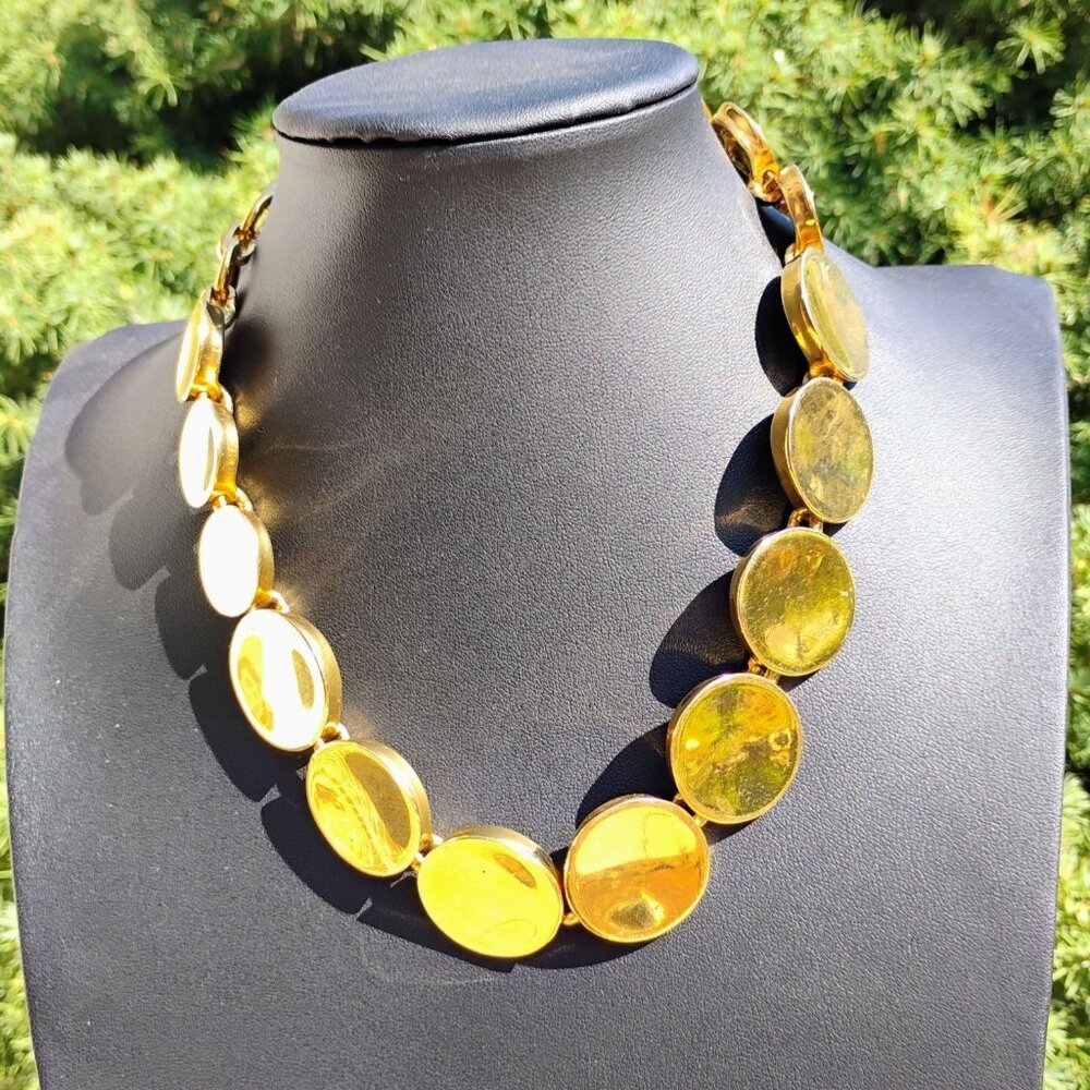 Vtg Clara Studios for Asymmetry Modernist Style Gold Disk Choker Necklace 16"